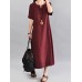 Women Vintage V Neck Short Sleeve Cotton Linen Maxi Dress