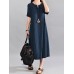 Women Vintage V Neck Short Sleeve Cotton Linen Maxi Dress