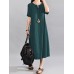 Women Vintage V Neck Short Sleeve Cotton Linen Maxi Dress