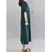 Women Vintage V Neck Short Sleeve Cotton Linen Maxi Dress