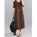 Women Vintage V Neck Short Sleeve Cotton Linen Maxi Dress