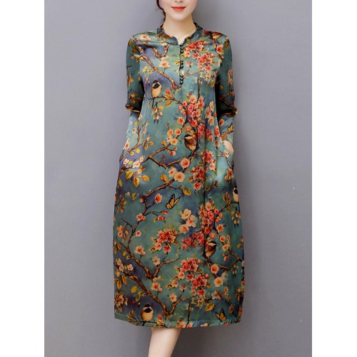 Vintage Floral Printed Long Sleeve Stand Collar Women Midi Dresses