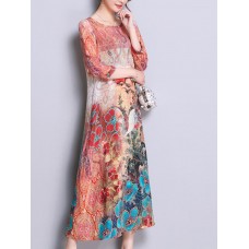 Vintage Women 3/4 Sleeve O-Neck Printed Midi Dress