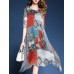 Vintage Women O-Neck Printed Half Sleeve Irregular Hem Dress