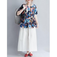 Floral Women Printed Loose Irregular Hem Cotton Linen Tops