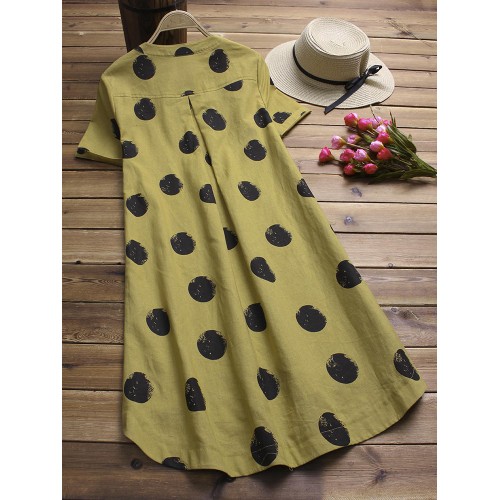 Vintage Women Polka Dot Short Sleeve Irregular Shirt Dress