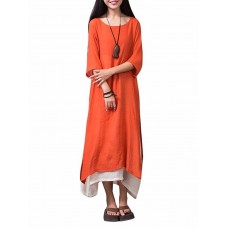 Women Vintage Half Sleeve False Two Pieces Split Maxi Dress