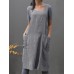 Women Sleeveless Side Pockets Cotton Loose Solid Color Vintage Apron Dress