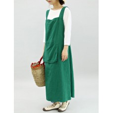 Vintage Women Sleeveless Strap Linen Cotton Pinafore Japanese Dress