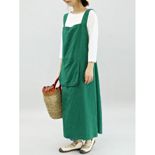 Vintage Women Sleeveless Strap Linen Cotton Pinafore Japanese Dress