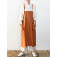 Japanese Sleeveless Straps Cotton Solid Apron Dress with Pockets