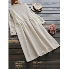 Vintage Women Cotton Solid Color Round Neck Button Long Sleeve Dress