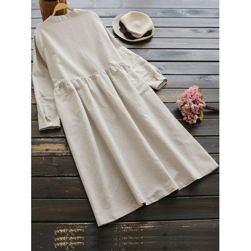 Vintage Women Cotton Solid Color Round Neck Button Long Sleeve Dress