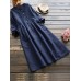 Vintage Women Cotton Solid Color Round Neck Button Long Sleeve Dress