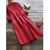 Vintage Women Cotton Solid Color Round Neck Button Long Sleeve Dress