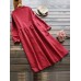 Vintage Women Cotton Solid Color Round Neck Button Long Sleeve Dress