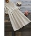 Vintage Women Cotton Solid Color Round Neck Button Long Sleeve Dress