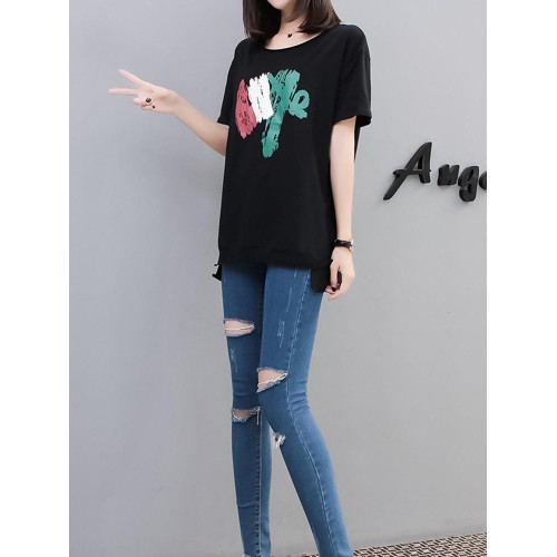 Women Cotton Loose Irregular Hem T-Shirts