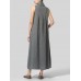 Vintage Women Cotton Loose Solid Color Sleeveless Turtle Neck Dress