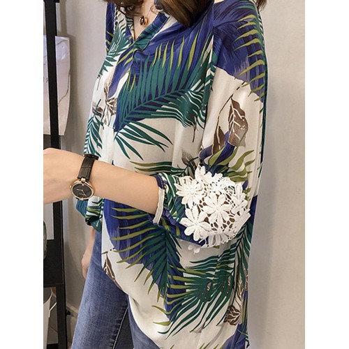 Casual Women Loose Floral Printed Hollow Up Lace Patchwork Shirts