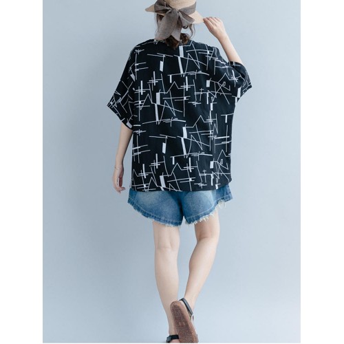 Casual Women Cotton Loose Print Short Sleeve O-Neck T-Shirts