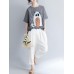 Women Cotton Linen Plaid Cartoon Cat Embroidered Short Sleeve T-Shirts