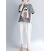 Women Cotton Linen Plaid Cartoon Cat Embroidered Short Sleeve T-Shirts