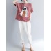 Women Cotton Linen Plaid Cartoon Cat Embroidered Short Sleeve T-Shirts