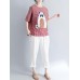 Women Cotton Linen Plaid Cartoon Cat Embroidered Short Sleeve T-Shirts