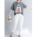 Women Cotton Linen Plaid Cartoon Cat Embroidered Short Sleeve T-Shirts