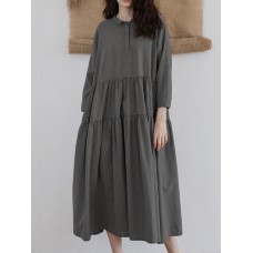 Vintage Women Loose Long Sleeve Flip Button Collar A Line Fold Dress