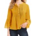 Women Soild Color Button Doll Collar Ruffle Cuffs V-Neck Pullover 3/4 Sleeve Tops