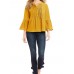 Women Soild Color Button Doll Collar Ruffle Cuffs V-Neck Pullover 3/4 Sleeve Tops