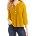 Women Soild Color Button Doll Collar Ruffle Cuffs V-Neck Pullover 3/4 Sleeve Tops