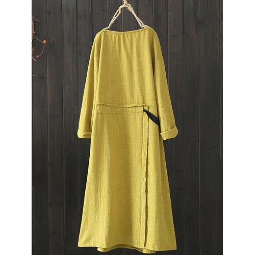 Women Drawstring Waist Crew Neck Long Sleeve Solid Vintage Dress