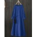 Women Drawstring Waist Crew Neck Long Sleeve Solid Vintage Dress