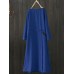 Women Drawstring Waist Crew Neck Long Sleeve Solid Vintage Dress