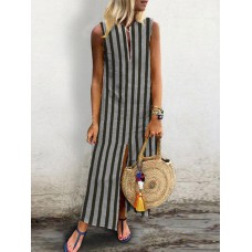 Vintage Women Retro Striped Split Hem Sleeveless Dress