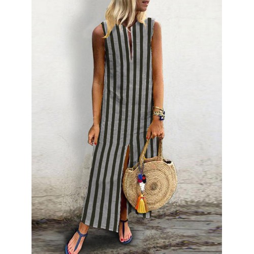 Vintage Women Retro Striped Split Hem Sleeveless Dress