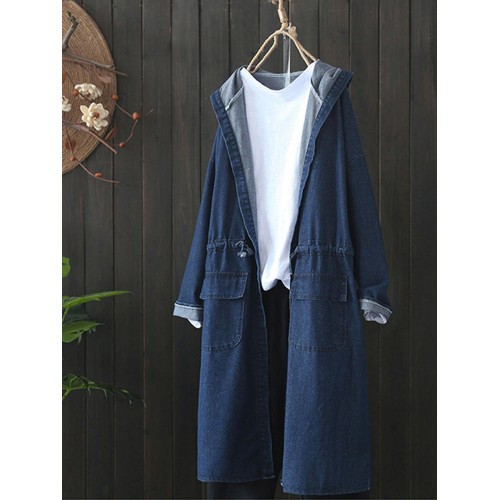 Casual Women Drawstring Long Sleeve Hooded Denim Coats with Pockets