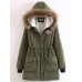 Women Thicken Pockets Drawstring Waist Fur Hooded Coats