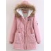 Women Thicken Pockets Drawstring Waist Fur Hooded Coats