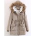 Women Thicken Pockets Drawstring Waist Fur Hooded Coats