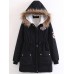 Women Thicken Pockets Drawstring Waist Fur Hooded Coats