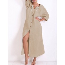 Vintage Women Cotton Solid Color Split Hem Button Long Sleeve Dress