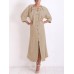 Vintage Women Cotton Solid Color Split Hem Button Long Sleeve Dress