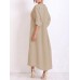 Vintage Women Cotton Solid Color Split Hem Button Long Sleeve Dress