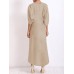 Vintage Women Cotton Solid Color Split Hem Button Long Sleeve Dress