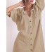 Vintage Women Cotton Solid Color Split Hem Button Long Sleeve Dress