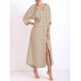 Vintage Women Cotton Solid Color Split Hem Button Long Sleeve Dress